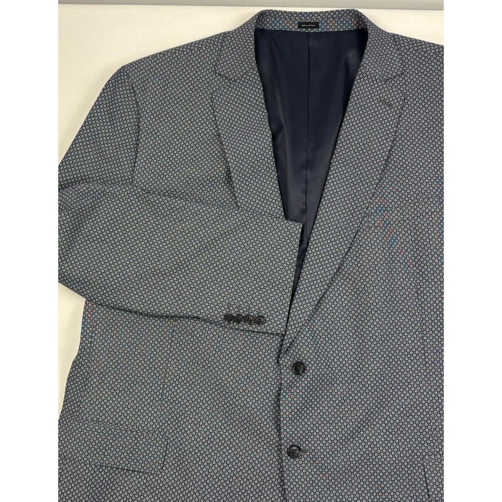 J Ferrar Cotton Stretch Sport Coat 56L Slate Blue w/Ivory Geometric Circles EUC
